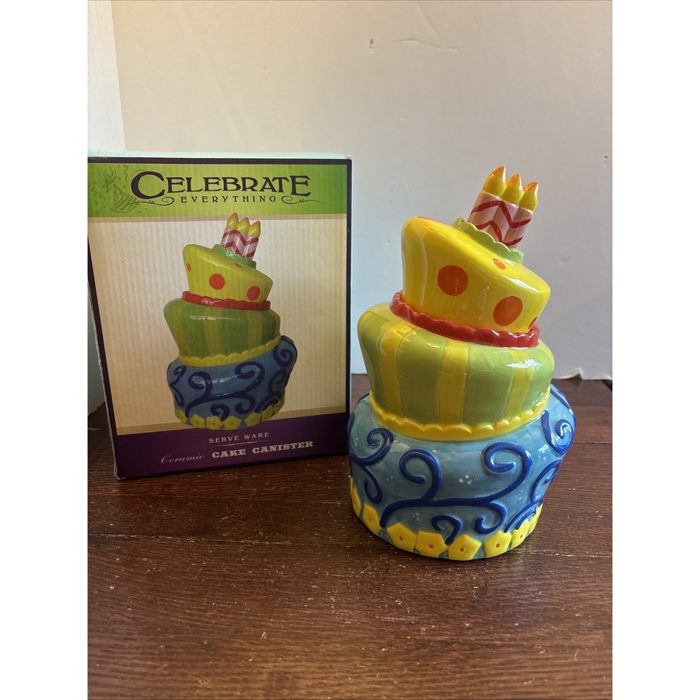 Celebrate Everything Ceramic Topsy Turvy Birthday‎ Cake Canister Cookie Jar 9in